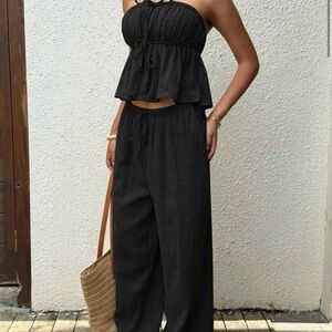Black Women's 2 piece set tube top m boho pants cutesy girly outfit cruise